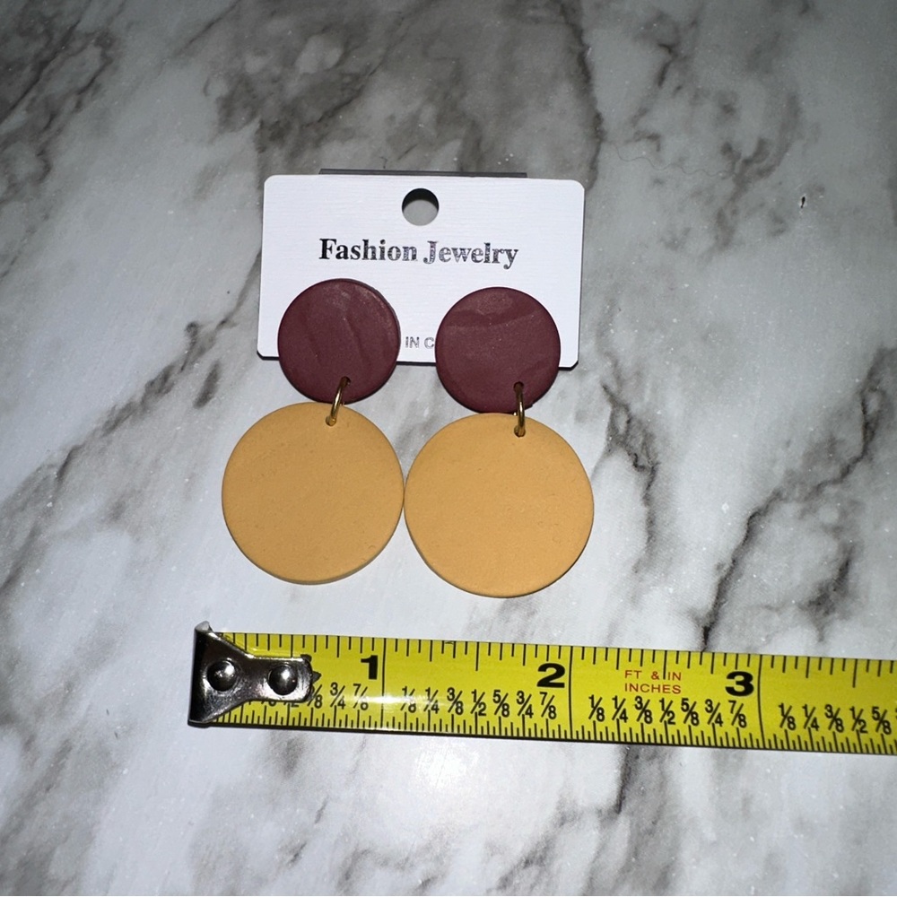 Burgundy & Yellow Wooden Earrings - Picture 4 of 5